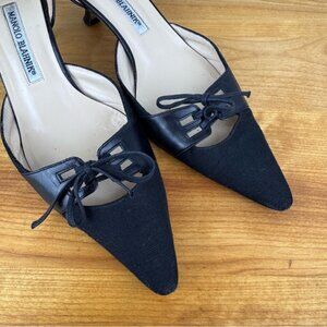 Manolo Blahnik Vintage Black Leather Canvas D'Orsay Kitten Heel Pumps Bow Accent
